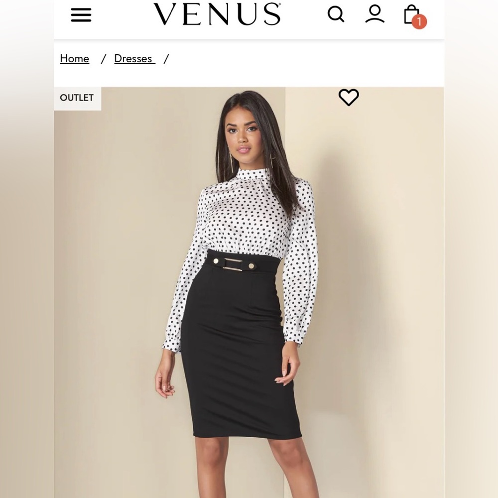 VENUS Black and White Polka Dot Pencil Dress with faux belt